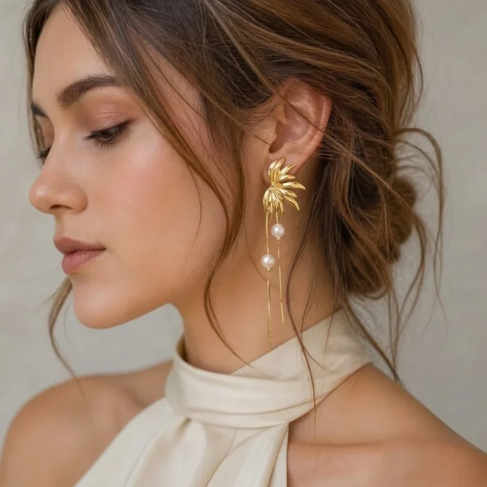 Golden Palm & Pearl Drop earrings