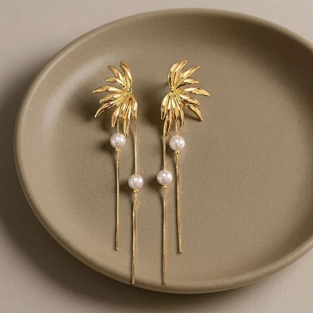 Golden Palm & Pearl Drop earrings - Image 2