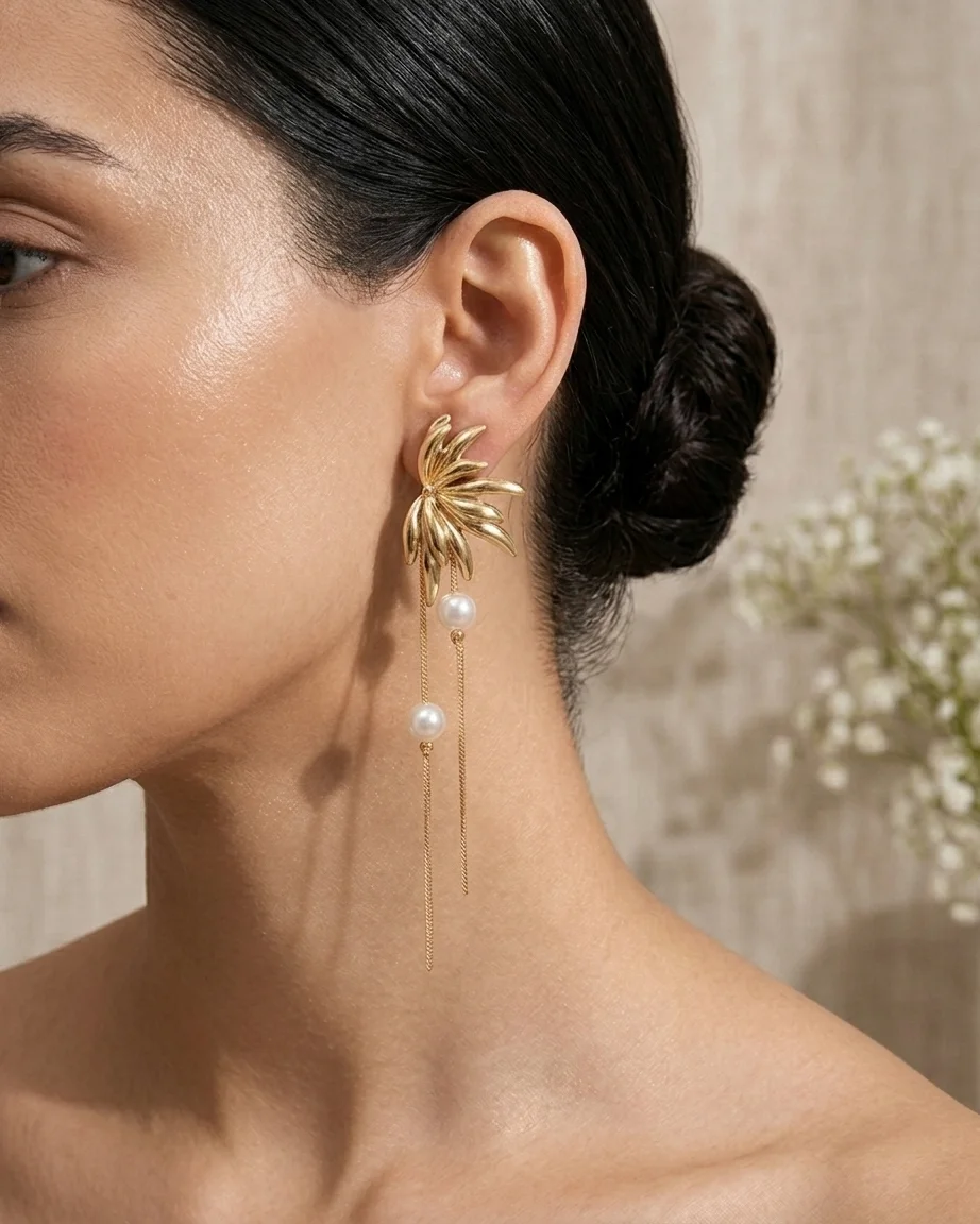Golden Palm & Pearl Drop earrings - Image 2
