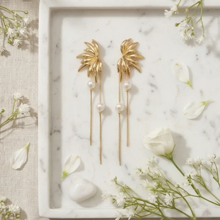 Golden Palm & Pearl Drop earrings