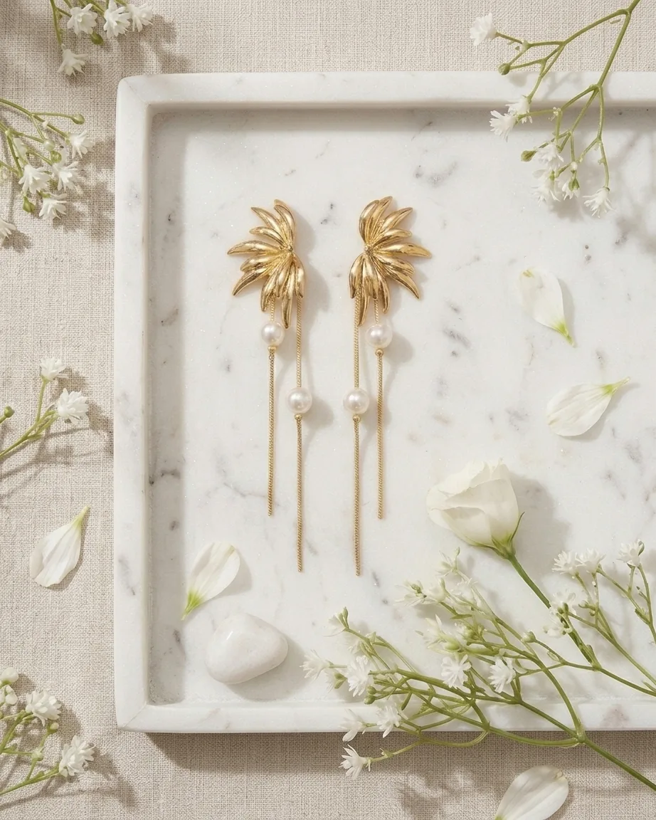 Golden Palm & Pearl Drop earrings