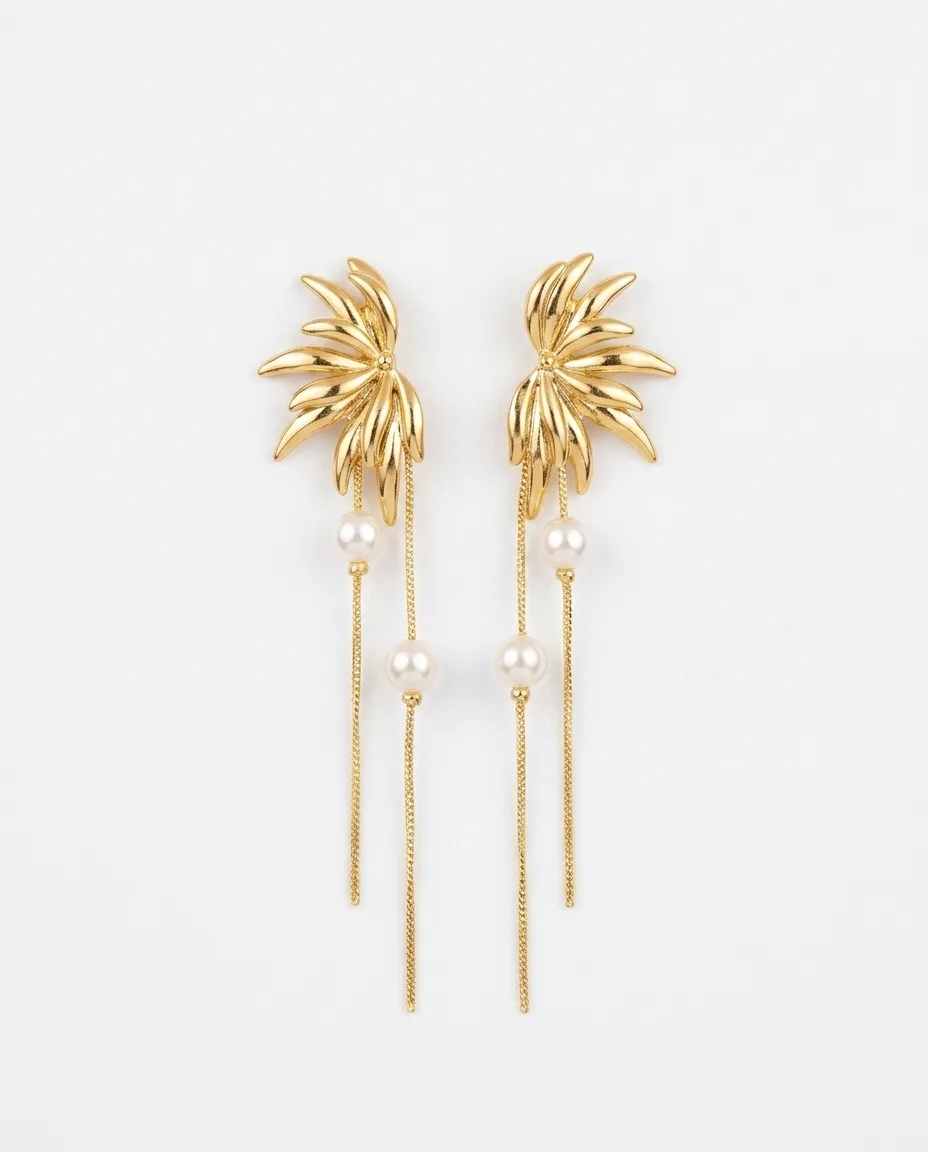 Golden Palm & Pearl Drop earrings - Image 3