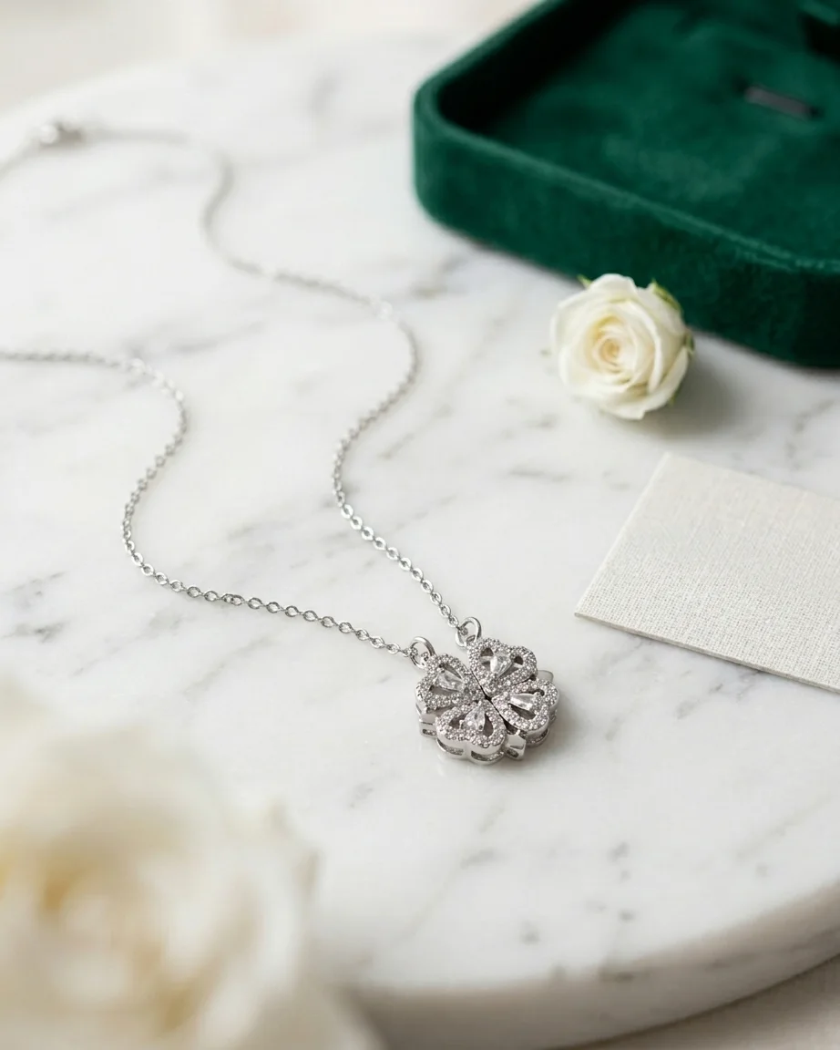 Silver transformable necklace displayed on marble surface with four crystal hearts joined into a sparkling four-leaf clover pendant.