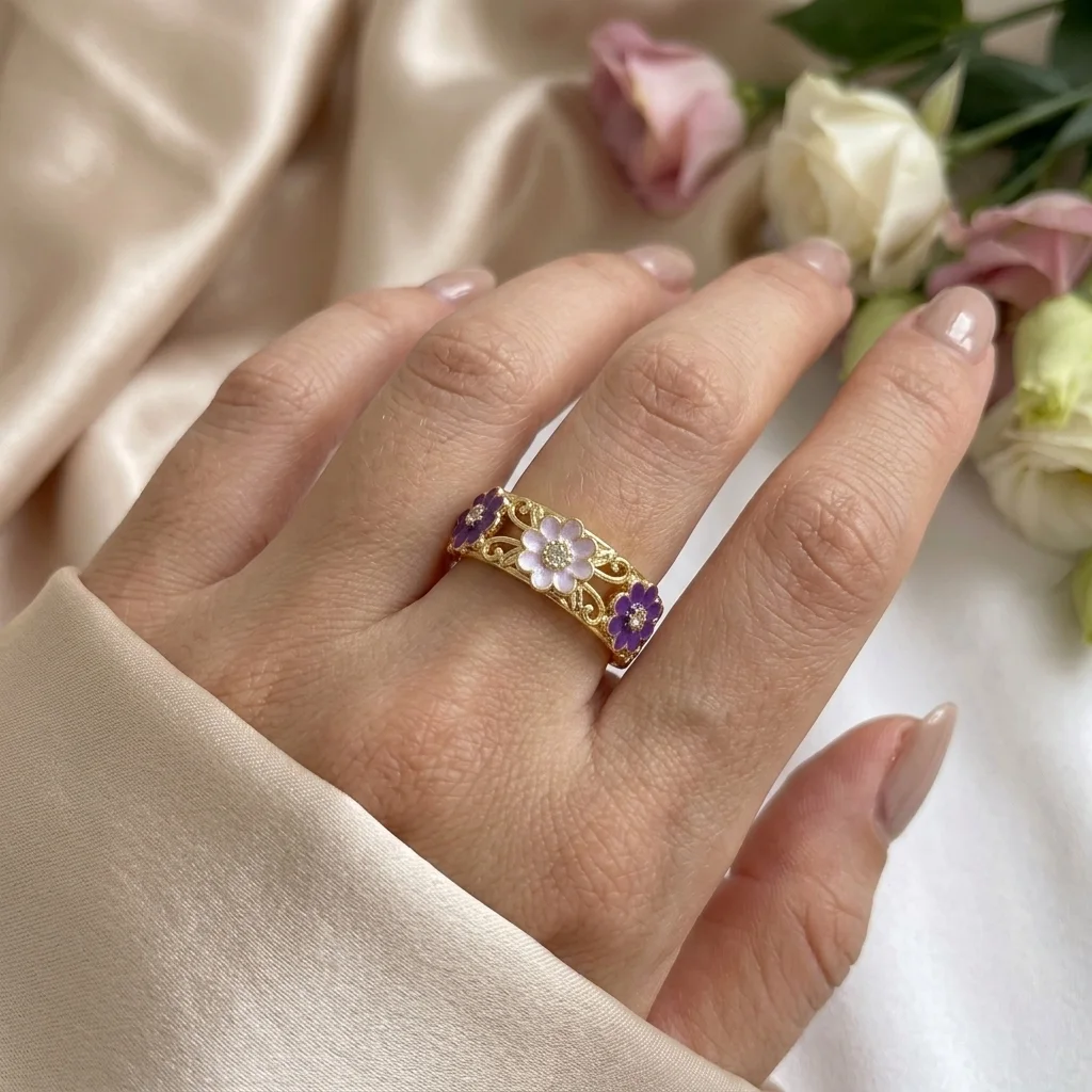 Dainty Enamel Daisy Ring - Image 3