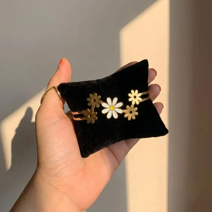 White Enamel Daisy Cluster Gold Bangle