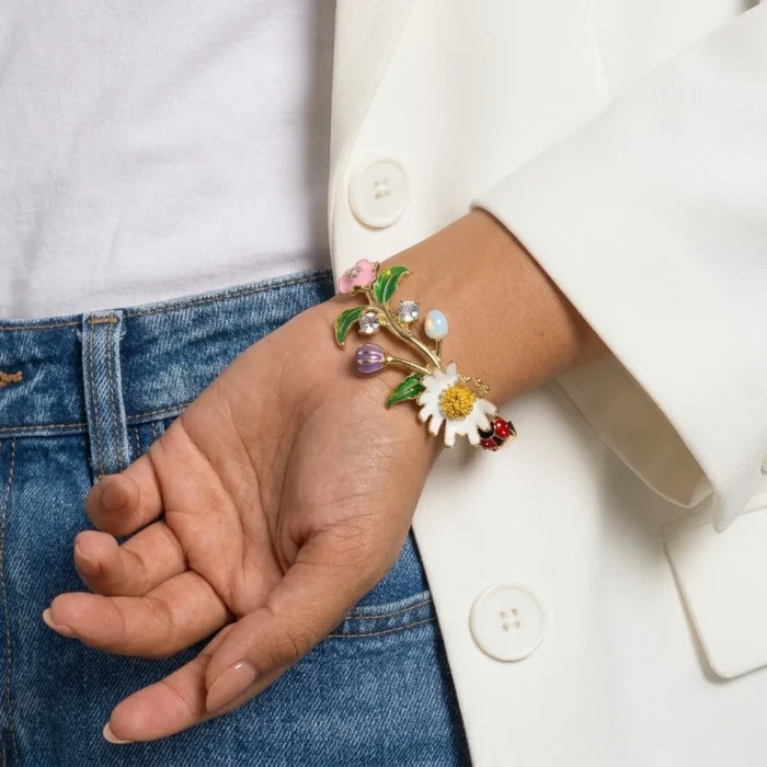 White Daisy & Ladybug Enamel Bangle