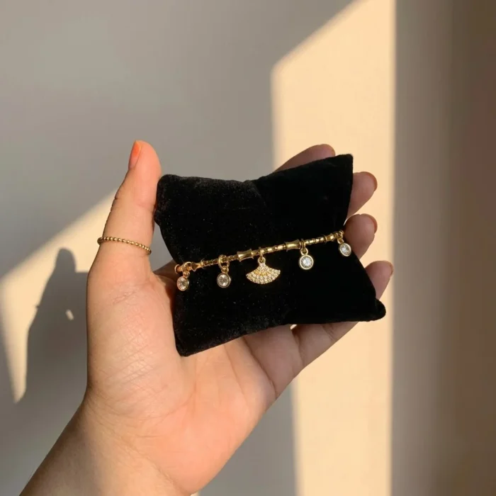 Pave Fan & Solitaire Charm Gold Bracelet