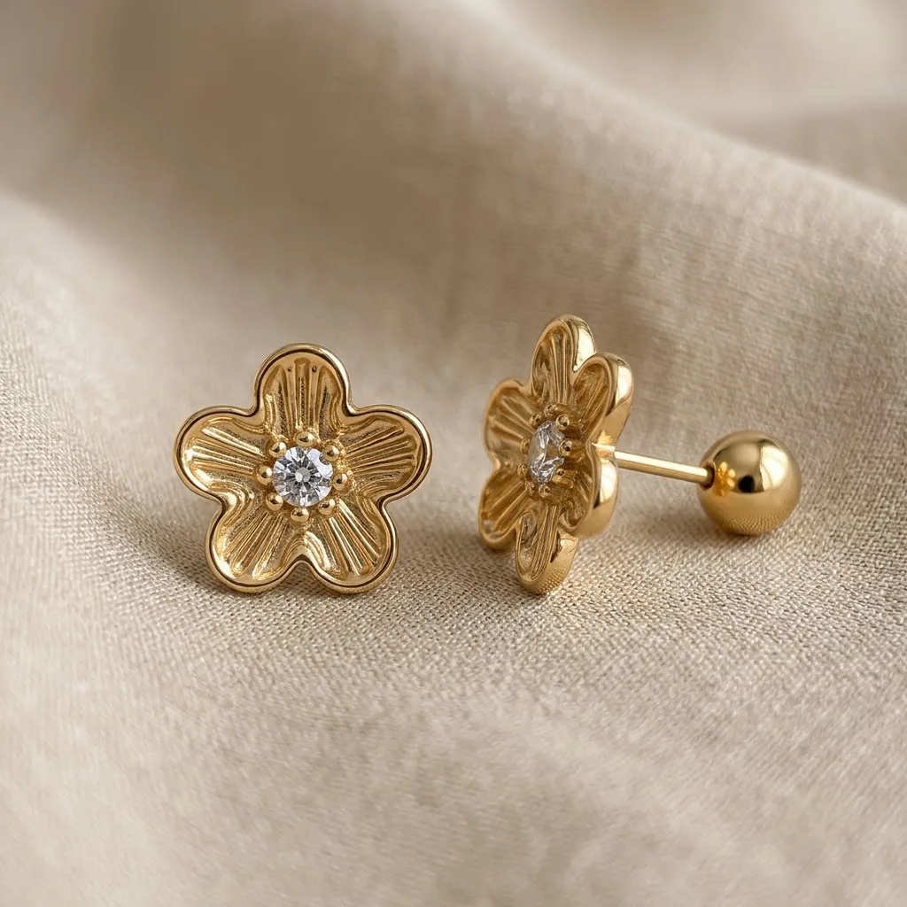 Textured Floral Crystal Ball Back Stud - Image 2