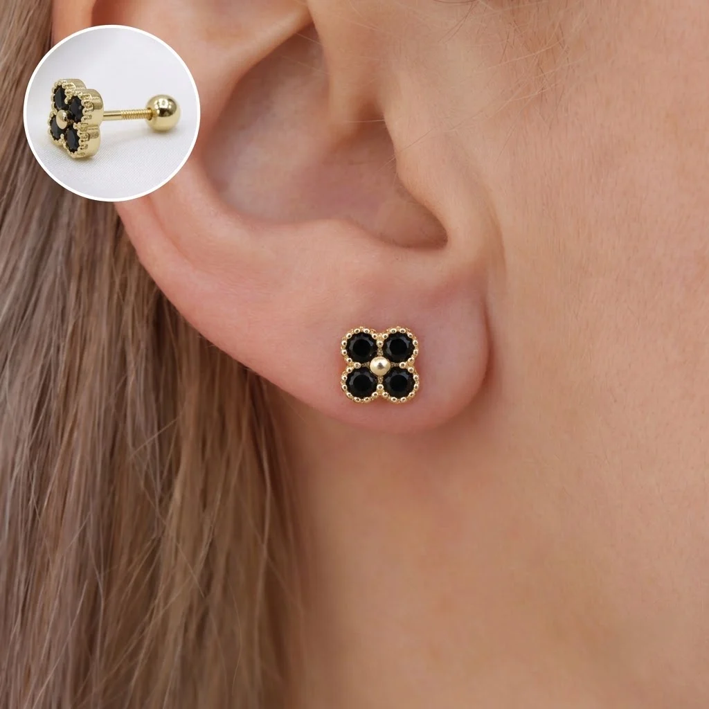 Black Crystal Clover Ball Back Stud