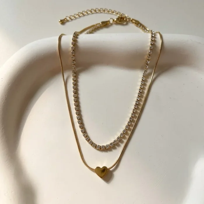 Layered Tennis & Heart Pendant Necklace