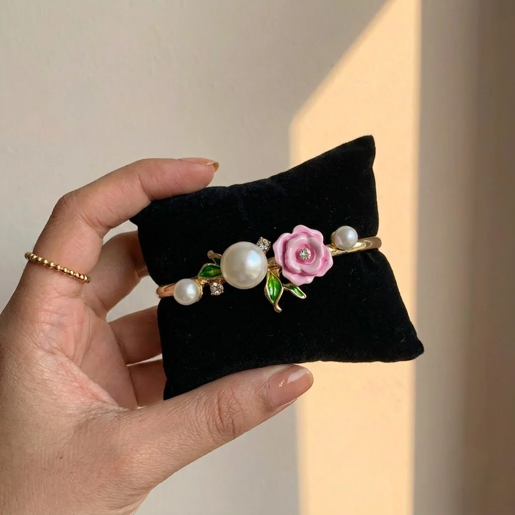 Pink Rose & Pearl Enamel Bangle
