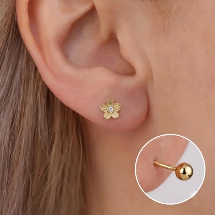 Textured Floral Crystal Ball Back Stud