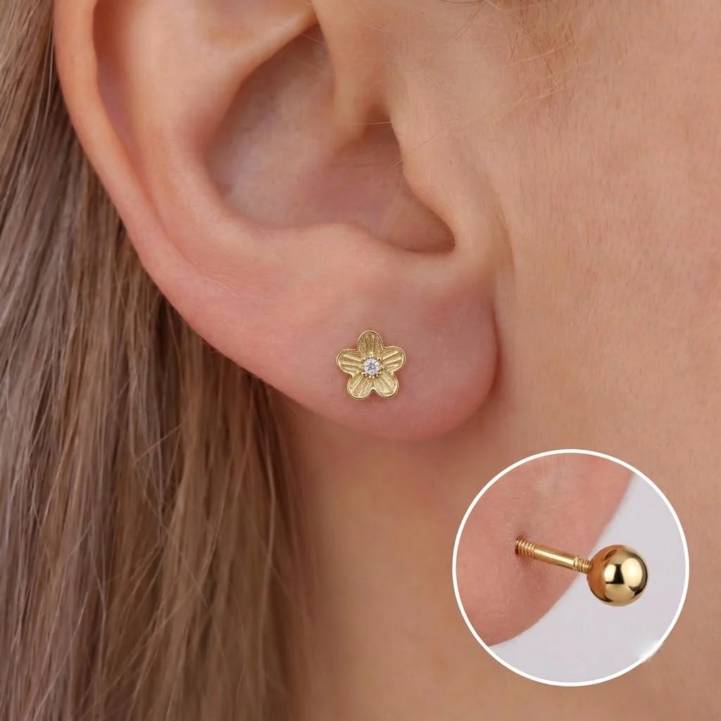 Textured Floral Crystal Ball Back Stud