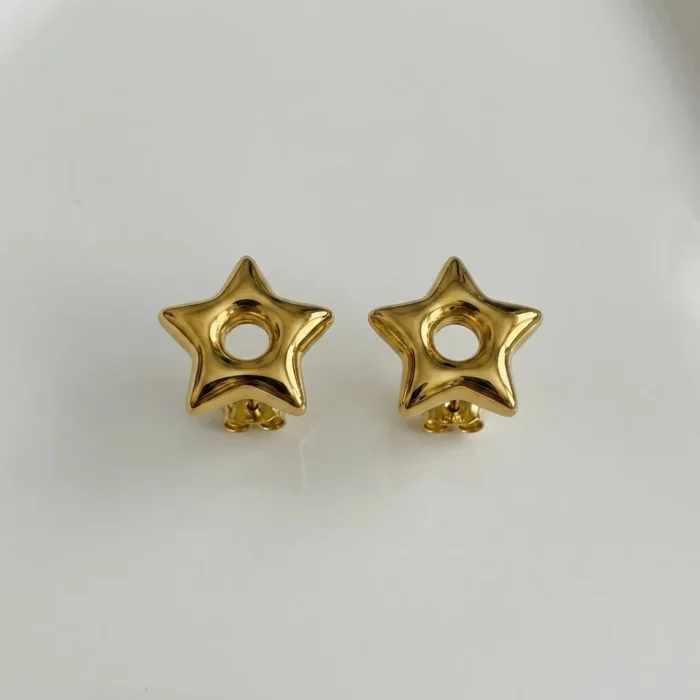 Puffy Open Star Gold Stud Earrings