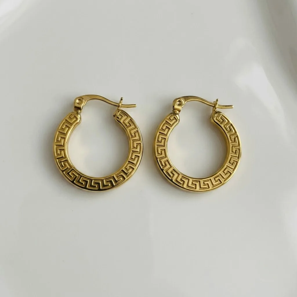 Greek Key Motif Gold Hoop Earrings