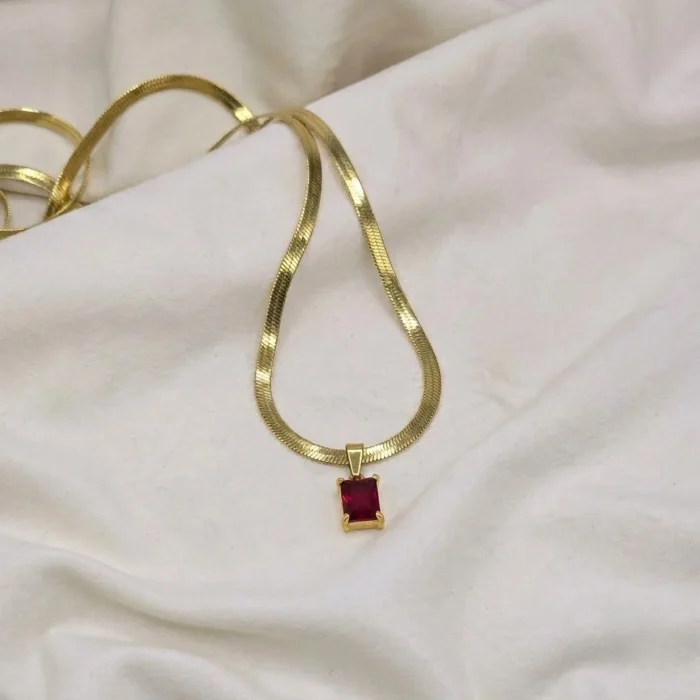 Ruby Emerald-Cut Herringbone Gold Necklace