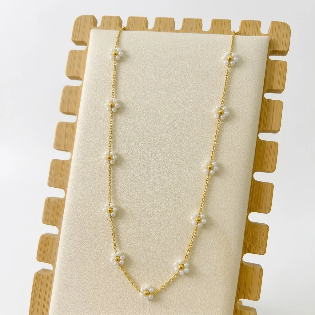 Gold Pearl Daisy Station Necklace - Image 2