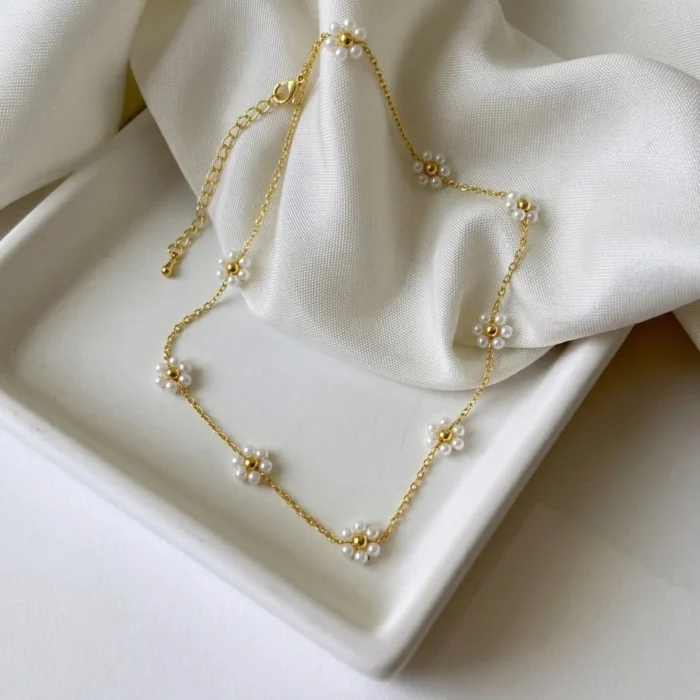 Gold Pearl Daisy Station Necklace