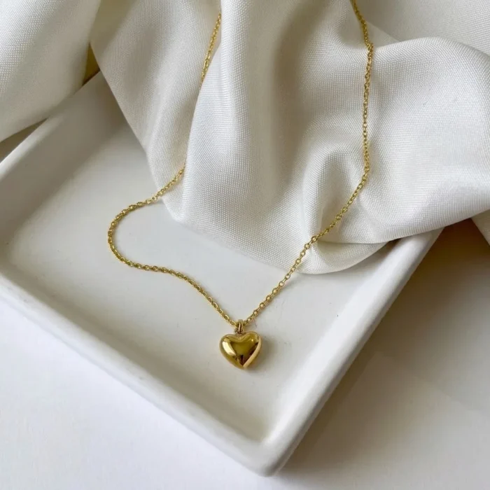 Gold Puffed Heart Pendant Necklace