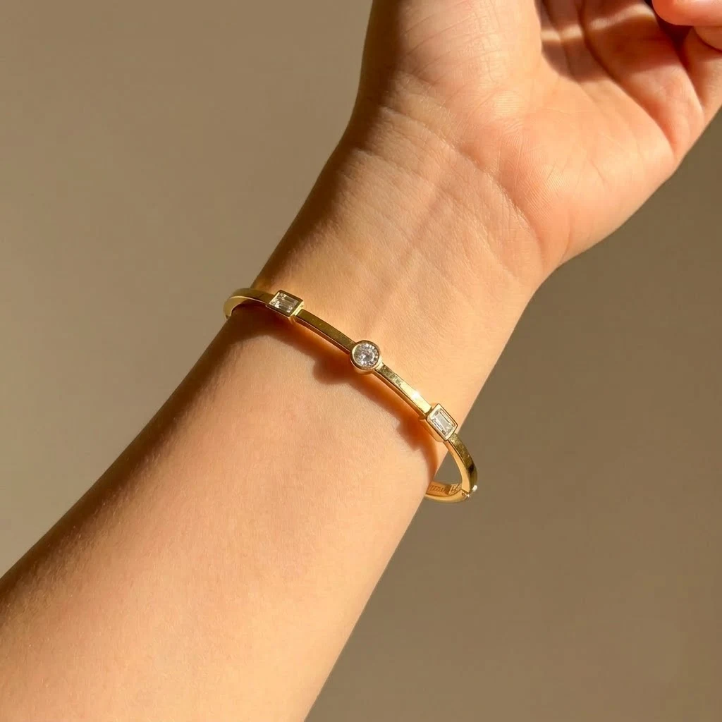 Gold Bezel Gemstone Cuff Bangle