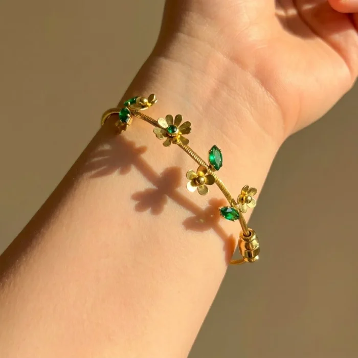 Emerald Floral Vine Gold Bangle
