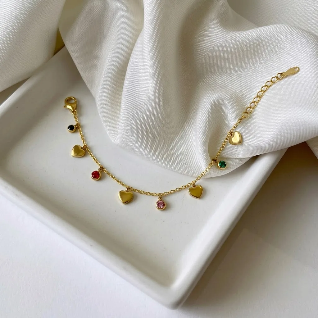 Gold Heart Crystal Charm Bracelet