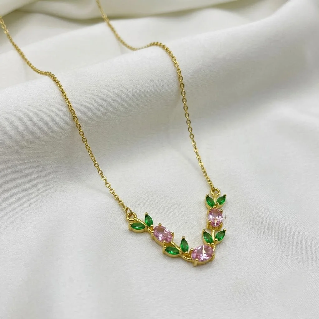 Pink & Emerald Crystal Floral Vine Gold Necklace