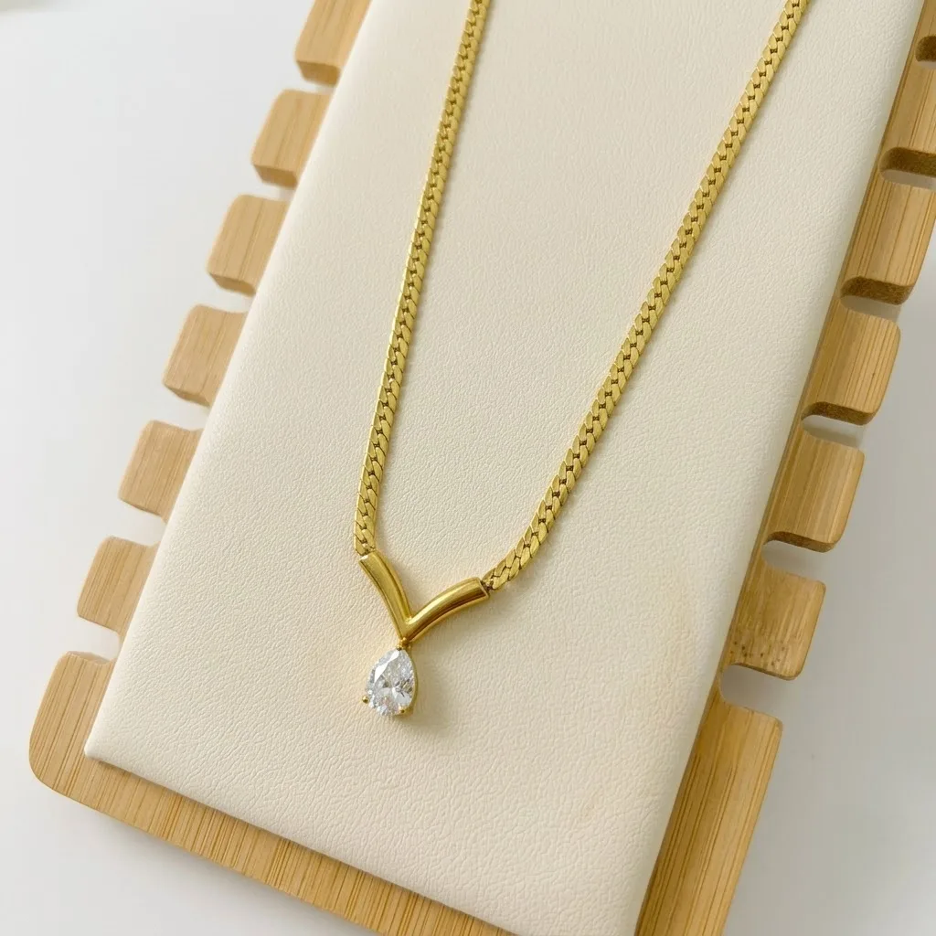 Gold Chevron Teardrop Necklace - Image 2